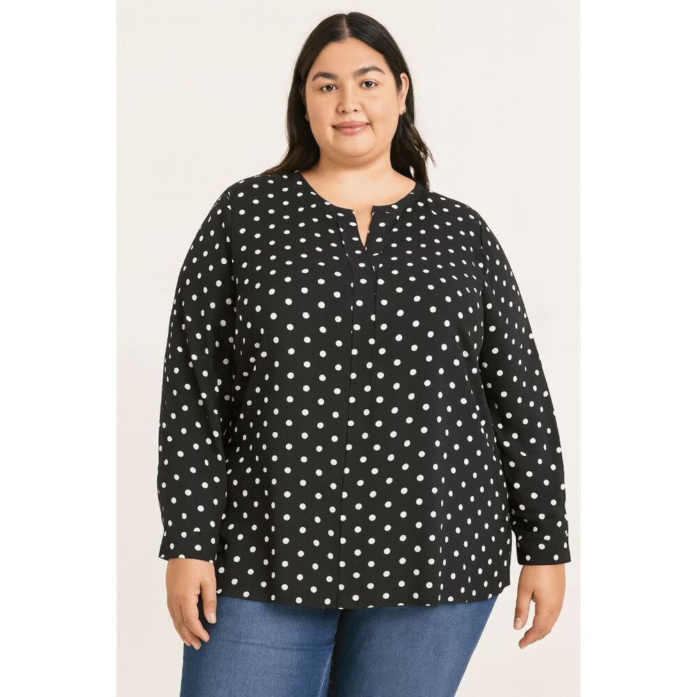 Women’s XXL Black Polka Dot Blouse – Long Sleeve Notch Neck Relaxed Fit Top